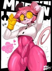 absurd_res anthro balls biped bodily_fluids buckteeth bulge clothing erection eyewear genital_fluids genitals glasses hair heart_symbol hi_res latex male mammal mawmain mouse muffin_(goommymuffin) murid murine penis pink_body pink_clothing precum rodent rodent_tail simple_background solo spiral_eyes standing sweat teeth text tight_clothing white_background