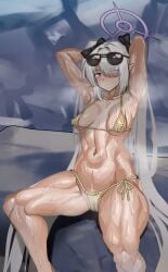 abs armpit_hair bikini blue_archive female female_only halo holy_reich iori_(blue_archive) micro_bikini pubic_hair sunglasses sweat