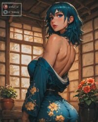 1girls ai_generated aisinful blue_hair breasts byleth_(fire_emblem) byleth_(fire_emblem)_(female) female female_only fire_emblem hi_res kimono medium_breasts solo thick_thighs wide_hips