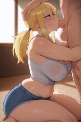 ai_generated blonde_hair blowjob deepthroat fairy_tail female huge_breasts large_ass large_breasts light_skin lucy_heartfilia oral stuffyai thick_thighs