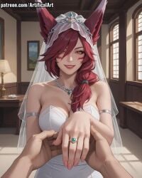 1girls ai_generated animal_ears artifical_art bird_girl bride face_markings facial_mark league_of_legends league_of_legends:_wild_rift light-skinned_female long_hair pale-skinned_female perfect_body red_hair voluptuous_female xayah yellow_eyes