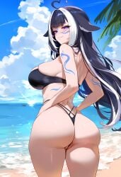 1girls beach big_breasts bikini geo-san hololive hourglass_figure looking_back perfect_ass perfect_body purple_eyes shylily streaked_hair swimsuit tatoos tattoo thong thong_bikini vtuber