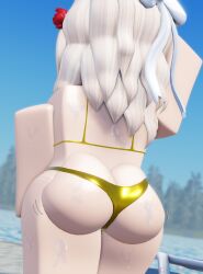 1girls 3d ass ass_focus back back_view big_ass bikini blonde_hair ellie_(rusmynth) female female_only gold_bikini golden_week motion_lines original_character outdoors roblox robloxian rusmynth solo tagme thick_thighs thighs watermark wet