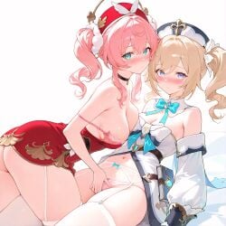 2girls ai_assisted ai_generated barbara_(genshin_impact) blonde_hair female genshin_impact honkai:_star_rail hyacine_(honkai:_star_rail) pink_hair tagme twintails two_girls
