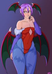 1girls armwear b_b_poltergeist breasts capcom clothed darkstalkers female female_focus female_only flat_chest leggings leotard lilith_aensland purple_hair red_eyes short_hair small_breasts solo solo_female solo_focus succubus thick_ass thick_thighs wings