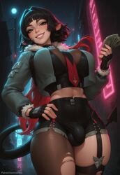 1futa 1futanari ai_generated animal_ears ass asymmetrical_hair asymmetrical_legwear big_ass big_breasts big_butt big_hips big_penis black_hair black_shorts blue_jacket breasts bulge bulge_through_clothing bulge_under_clothes cleavage cow_ears crop_top demon_tail dick dickgirl ear_piercing earings earrings eyebrows eyelashes fingerless_gloves from_below fur futa_only futanari gloves grin grinning grinning_at_viewer hair half_naked half_nude hands-free holding_money hoyoverse huge_cock indoors jacket jane_doe_(zenless_zone_zero) lips long_hair looking_at_viewer makeup medium_breasts medium_hair midriff money mouse_ears narrow_waist narrowed_eyes navel necktie nose penis red_hair seducing seductive seductive_eyes seductive_gaze seductive_look seductive_mouth seductive_pose seductive_smile short_hair shorts smile smile_at_viewer smiley_face smooth_balls smooth_penis smooth_skin solo solo_dickgirl solo_focus solo_futa solo_futanari stockings straps tail taker_pov testicles topwear two-tone_hair uneven_legwear velonix zenless_zone_zero