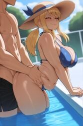 ai_generated bikini blonde_hair chubby fairy_tail female from_behind holding_stomach huge_breasts large_ass large_breasts light_skin lucy_heartfilia pool sex stuffyai thick_thighs