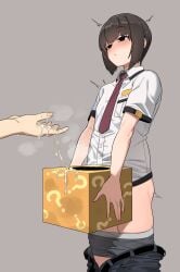 2boys after_ejaculation androgynous black_eyes blush box brown_hair closed_mouth clothes_pull collared_shirt cum cum_on_body cum_on_hands cum_string cumdrip feet_out_of_frame grey_background grey_male_underwear highres holding holding_box in_(ain) looking_at_another male male_focus male_underwear medium_hair multiple_boys necktie original out_of_frame pants pants_pull red_necktie school_uniform shirt short_sleeves simple_background solo solo_focus underwear white_shirt