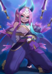 big_breasts big_thighs blue_eyes breasts feet horn irelia_xan league_of_legends light-skinned_female light_skin lipstick looking_at_viewer purple_hair spirit_blossom_series strongbana thick_thighs thighs