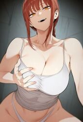 1girls ai_generated chainsaw_man grabbing_own_breast makima_(chainsaw_man) panties red_hair shirt_and_panties solo tank_top white_panties white_tank_top yellow_eyes zloimakak