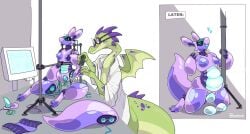 2022 ambiguous_gender anthro areola blue_areola blue_blush blue_eyes blue_insides blue_mouth blue_nipples blue_pussy blue_tongue blush chair clothing coat colored countershade_neck countershade_tail countershade_torso countershading disassembled dragon duo egg_from_pussy ellie_(alphax10) english_text eyewear female furniture genitals goggles green_body hhazard kneeling kobold lab_coat looking_pleasured machine maintenance markings membrane_(anatomy) membranous_wings mythological_creature mythological_scalie mythology nipples nude on_chair purple_body purple_markings pussy robot scalie shaded sitting sitting_on_chair smile spread_legs spreading standing tail text tongue topwear unusual_insides wings