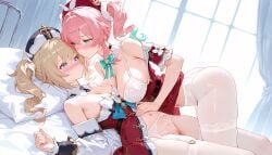ai_assisted ai_generated barbara_(genshin_impact) blonde_hair genshin_impact honkai:_star_rail hyacine_(honkai:_star_rail) pink_hair tagme twintails two_girls yuri