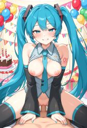 1boy 1girls ai_generated balloons bedroom_eyes birthday birthday_sex black_stockings blush breasts breasts_out cake clothed clothed_female_nude_male clothed_sex cowgirl_position cyan_eyes cyan_hair detached_sleeves half-closed_eyes hatsune_miku long_hair nipples partially_clothed penis_in_pussy pov presents sex smile smiling stockings tie twintails vaginal_penetration vocaloid