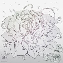 1:1 2024 after_transformation ambiguous_form anthro areola artist_name backpack berry_(strawberrytfs) breasts canid canine canis domestic_dog duo female flower food genitals high-angle_view hunting_dog mammal monochrome nipples nude outside petals plant plant_monster pseudo_pussy pussy saluki shaded sighthound sitting sitting_on_another spread_legs spreading strawberrytfs text trowel vines watering_can
