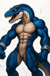 abs after_transformation anthro athletic athletic_anthro athletic_male biceps claws cuff_(restraint) cuff_bracelet dinosaur dromaeosaurid forced growth hybrid laboratory male muscle_growth muscular muscular_anthro muscular_male mutation nude open_mouth pecs reptile restrained restraints scalie solo standing tail teeth test_subject theropod transformation velociraptor yellow_eyes