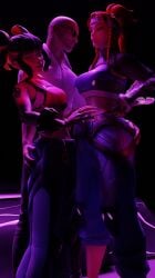 1boy 1boy2girls 2girls 2girls1boy 3d 3d_(artwork) 3d_background 3d_model 3d_render 4k ass_grab brigitte brigitte_lindholm butt_grab clothed dim_lighting feet_out_of_frame hi_res highres imminent_sex imminent_threesome juno_(overwatch) kazworksnsfw overwatch overwatch_2