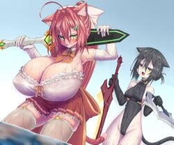 2girls :3 black_hair black_tail blush cat_ears cat_girl frilled_dress gigantic_breasts greatsword green_eyes holding_weapon leotard long_hair looking_back medium_breasts multiple_girls nipple_bulge open_mouth partially_submerged petite pink_hair pink_tail pleated_skirt red_skirt short_hair skirt slit_pupils sword wet wet_skin white_thighhighs yellow_eyes