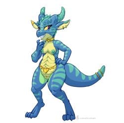 anthro areola blue_body bracelet breasts carniscorner collar digital_media_(artwork) digitigrade ear_piercing ear_ring eyebrow_spikes female genitals gold_(metal) gold_jewelry horn jewelry jewelry_only kobold lizard looking_at_viewer nipples non-mammal_breasts nude nude_anthro nude_female piercing purple_eyes reptile ring_piercing scalie simple_background small_breasts smile solo tail tan_body vulva yellow_sclera