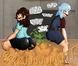 2girls arianna_(modestpal) ass big_breasts black_eyes blue_eyes breasts brown_hair bubble_ass bubble_butt embarrassed embarrassed_female fart fart_cloud fart_fetish farting farts female freckles_on_face modestpal purple_eyes smile thick_ass twerking twerkoff unaware