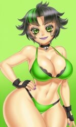 1girls anonemus1 belladonna(fusionfall) belladonna_(fusionfall) black_hair buttercup_(powerpuff_girls) cartoon_network female fusionfall green_bikini green_bra green_eyes messy_hair powerpuff_girls purple_eyeliner runny_makeup short_hair solo