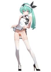 1girls absurdres aqua_hair ass_visible_through_thighs bare_arms blush bottomless breasts china_dress chinese_clothes cleavage_cutout closed_mouth clothes_lift clothing_cutout commentary commission covered_navel dress dress_lift eco_376124 female floral_print_dress full_body hair_ornament high_heels highres indie_virtual_youtuber lifting_own_clothes long_hair looking_at_viewer louboutin_(shoes) no_panties pelvic_curtain pelvic_curtain_lift pixiv_commission print_dress purple_eyes pussy side_ponytail simple_background small_breasts solo standing thighhighs thighs tonari_mei virtual_youtuber white_background white_dress white_thighhighs x_hair_ornament