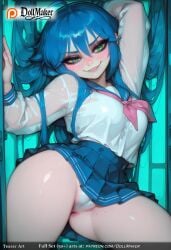 ahoge ai_generated ass blue_hair blue_sailor_collar blue_skirt blush breasts dollmaker eyebrows_visible_through_hair female green_eyes hair_between_eyes long_hair looking_at_viewer lying medium_breasts mole mole_under_eye monster_girl on_back panties pleated_skirt pussy sailor_collar school_uniform see-through serafuku skirt smile solo spread_legs tagme thighs underwear wet wet_clothes wet_shirt white_panties white_shirt
