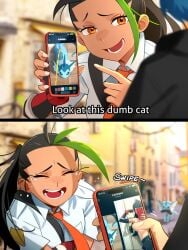 accidental_exposure black_hair caught cellphone cellphone_photo comic_page crying crying_with_eyes_closed embarrassed female green_hair khyleri laughing long_hair meme nemona_(pokemon) orange_eyes orange_tie phone phone_screen showing_phone sweat unseen_character vaporeon watersports white_shirt