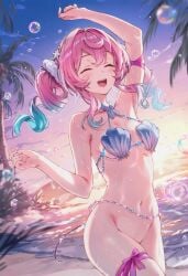 ai_generated almost_naked bikini_top bottomless closed_eyes female_focus happy_female honkai_(series) hyacine_(honkai:_star_rail) pink_hair raaicave sunset