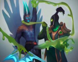 2boys balls belt big_penis blade choking demon digital_media_(artwork) dota_2 duo duo_focus foreskin gay gay_domination glowing_eyes hi_res homosexual horny_pepega jerkingoff_another leash_pull loincloth mage magic magic_user male male/male male_focus male_only masked restrained robe rubick rubick_the_grand_magus screaming simple_background slime standing terrorblade torture
