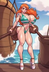 1girls ai_generated big_ass big_breasts bikini bikini_bottom bikini_top bimbo civitai clothing female female_only full_body high_heels huge_breasts long_hair nami_(one_piece) ocean one_piece orange_hair outdoors platform_heels posing solo solo_female standing tagme thick_thighs totallynotafurry789 voluptuous wide_hips