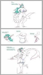 2019 after_transformation anthro apron areola artist_name ass big_breasts biped blue_areola blue_nipples border breasts clothing colored comic cooking dialogue digitigrade dressing_up english_text eyewear female fish footwear front_view genitals glasses green_hair grey_border hair hi_res high_heels huge_breasts looking_at_viewer marine markings motion_lines navel nipples non-mammal_breasts non-mammal_hair non-mammal_navel non-mammal_nipples non-mammal_pussy nude one_leg_up pointy_ears pussy raised_leg raised_tail rear_view sequence shaded shark sharp_teeth shoes simple_background smile solo standing strawberrytfs striped_markings striped_tail stripes sushi_(icysharkie) tail tail_markings teeth text tied_hair white_background white_body