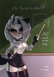 1girls absurd_res anthro biped bite biting_lip bodily_fluids canid canid_demon canine clothed clothing demon erection female fingers fur furry genital_fluids genitals hair hellhound helluva_boss hi_res jizoku looking_at_viewer loona_(helluva_boss) mammal mythological_canine mythological_creature mythology penis penis_drawing precum pupils question_mark red_sclera solo text white_body white_eyes white_fur white_hair wolf wolf_girl