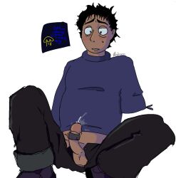 first_porn_of_character heterochromia look_outside male male_masturbation male_only missing_arm sam_(look_outside) sex_toy solo_male toony toony_face