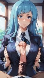 1boy 1girls absurdly_large_cock ai_generated arms_behind_back cleavage female flaccid half-dressed half-erect half_naked horse_penis horsecock huge_breasts huge_cock impossible_fit jujutsu_kaisen kasumi_miwa male male/female paizuri paizuri_under_clothes paralap tagme
