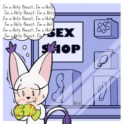 anal_beads anthro bandai_namco bianc_(el_senor_erizo) blush bodily_fluids buttplug claws clothing digimon digimon_(species) dildo english_text eyelashes felid female fur gatomon gloves handwear hi_res mammal mr_harinezumi plug_(sex_toy) sex_shop sex_toy smile solo store sweat tail text thought_bubble white_body white_fur