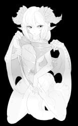2020 4_arms absurd_res animate_inanimate anthro back_wings biped bodily_fluids breasts claws confusing_perspective dragon erection featureless_breasts featureless_crotch female front_view futanari genitals glans gynomorph hair hi_res hollow_body horn intersex inviting kneeling living_clothing looking_at_viewer markings membrane_(anatomy) membranous_wings monochrome multi_arm multi_limb mxl mythological_creature mythological_scalie mythology nude open_mouth penis scales scalie simple_background sitting sitting_on_ground solo spread_legs spreading tail unusual_anatomy white_hair winged_arms wings