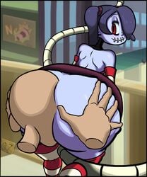 ass ass_grab bent_over blue_hair detached_sleeves disembodied_hands face_in_ass facesitting huge_ass leviathan_(skullgirls) looking_back q7 red_eyes skullgirls smile spread_ass squigly stitched_mouth zombie