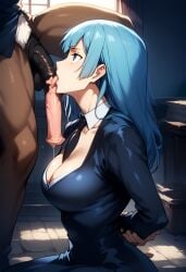 1boy 1girls absurdly_large_cock ai_generated arms_behind_back cleavage female flaccid horse_penis horsecock huge_breasts huge_cock impossible_fit jujutsu_kaisen kasumi_miwa licking licking_penis male male/female oral paralap tagme