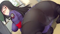 ass black_hair blush breasts clenched_teeth erectlip female from_behind game_cg glasses highres kyonyuu_seitokaichou_chijoku_no_hakudaku_kuro_tights:_konna_yatsu_no_okazu_ni_naru_nante! large_breasts legs long_hair looking_back orange_eyes panties panties_under_pantyhose pantyhose ryouko_(erectlip) school_uniform sitting thighs underwear xxzero