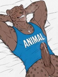 anthro athletic balls bed binglinhuhu bodily_fluids bottomless closed_eyes clothed clothing cross cross_necklace cum_strand drooling ear_piercing ear_ring erection felid foreskin furniture genitals grin hands_behind_head hi_res humanoid_genitalia humanoid_penis jewelry lying male mammal necklace on_back on_bed pantherine penis piercing pillow retracted_foreskin ring_piercing saliva shirt smile solo tank_top topwear
