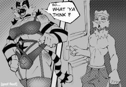 anthro balls barazoku bulge clothing collar digital_drawing_(artwork) digital_media_(artwork) duo gay generation_7_pokemon generation_9_pokemon genitals goof_floof heart_symbol hi_res imminent_sex incineroar lingerie male male/male male_only micropenis muscular muscular_anthro muscular_male nintendo nipples pecs penis pokemon pokemon_(species) screentone small_penis speech_bubble sprigatito surprised translucent walk-in