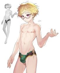 bana_gameg blonde_hair briefs bulge bulge_through_clothing emilie_(genshin_impact) gay genderswap_(ftm) glasses midriff nipples pose purple_eyes ribs rule_63 thighs twink underwear