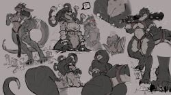 absurd_res anthro apode big_breasts bra breasts building clothing club_(weapon) draconcopode dragon extreme_size_difference genitals greyscale group heart_symbol hi_res kobold legless living_hair low-angle_view macro melee_weapon melusine_(final_fantasy_xiv) micro monochrome mythological_creature mythological_scalie mythology nude pseudo_hair pussy reptile scalie serpentine size_difference snake snake_hair snake_hood tail thesociallyawkwardpinguin trio underwear weapon worm's-eye_view