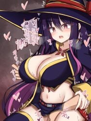 1boy @_@ absurdres blush breasts brown_background cleavage colored_inner_hair crop_top female fingering hat hat_ribbon highres idola_avorn large_breasts large_hat long_hair looking_ahead makochan42 male midriff multicolored_hair navel nipple_stimulation open_mouth pink_hair purple_hair purple_hat purple_skirt red_eyes red_ribbon ribbon sentai_red_ga_isekai_de_boukensha_ni_naru skirt speech_bubble sweat very_long_hair witch_hat