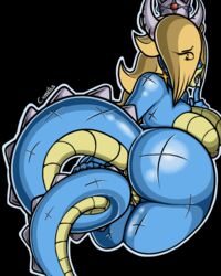 anthro anus ass big_breasts big_butt black_background blonde_hair blue_skin breasts canastus crown dragon ear_piercing female hair horn jewelry koopa lizard long_tail mario_(series) nintendo nude piercing plain_background princess_rosalina pussy reptile scales scalie solo spikes super_mario_galaxy transformation video_games