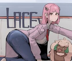arched_bangs azz0422 blueberry_academy_school_uniform blush cardigan closed_mouth collared_shirt eyelashes female hair_ornament hairclip highres lacey_(pokemon) long_sleeves looking_at_viewer nintendo open_cardigan open_clothes pants pink_cardigan pink_eyes pink_hair pokemon pokemon_(creature) pokemon_sv purple_cardigan school_uniform shirt short_hair whimsicott white_shirt