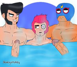 3boys bara big_penis brawl_stars bull_(brawl_stars) cock colt_(brawl_stars) dick dieguitokey digital_media_(artwork) el_primo_(brawl_stars) gay hot_tub male male/male male_focus male_only mask masked multiple_boys muscles muscular muscular_male penis trio twitter video_games yaoi