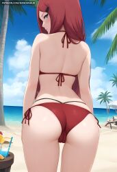 ai_generated ass back bangs bare_shoulders beach beach_umbrella bikini blue_sky blush boruto:_naruto_next_generations boruto:_two_blue_vortex cameltoe closed_mouth cloud cup dandanhub day drinking_glass drinking_straw female food from_behind fruit grey_eyes hair_ornament hairclip halterneck kushina_uzumaki lemon lemon_slice long_hair looking_at_viewer looking_back naruto_(series) naruto_shippuden ocean outdoors palm_tree red_bikini red_hair sand side-tie_bikini_bottom sky solo_focus string_bikini swimsuit tree umbrella uzumaki_kushina water