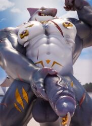 3d_(artwork) abs anthro balls biceps bodily_fluids cum digital_drawing_(artwork) digital_media_(artwork) enormous_cock fish genital_fluids genitals glans hi_res hirunet huge_muscles humanoid_genitalia humanoid_penis male marine navel nipple_piercing nipple_ring nipples pecs penis piercing ring_piercing shark sky solo teeth