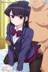 1boy ai ai_generated all_fours anime anime_style ass bangs bed bent_over black_eyes black_hair black_legwear blue_jacket blush bow bowtie breast_grab breasts cardigan clothed_female_nude_male clothed_sex cute doggy_style eyebrows_visible_through_hair faceless faceless_male fat fat_male fat_man female grabbing grabbing_from_behind groping hi_res highres indoors komi-san_wa_komyushou_desu komi_can't_communicate komi_shouko komi_shuuko large_breasts long_hair long_sleeves looking_at_viewer looking_back medium_breasts netorare ntr nude on_bed panties pantyhose pleated_skirt ponytail purple_eyes rape school_uniform sex sex_from_behind skirt skirt_lift solo_focus straight striped torn_legwear torso_grab ugly_bastarf uncensored underwear vaginal_penetration